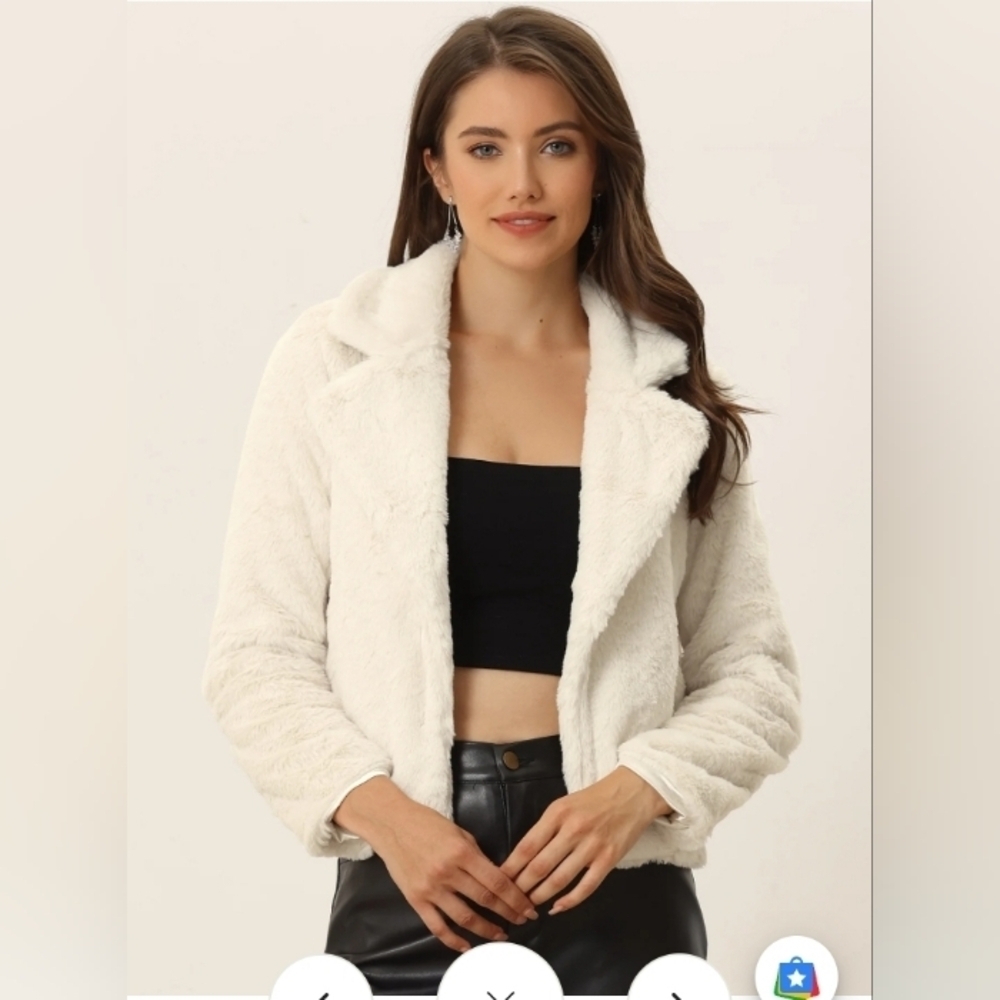 Allegra K Women's Autumn Winter Cropped Jacket Notch Lapel Faux Fur Fluffy Coat